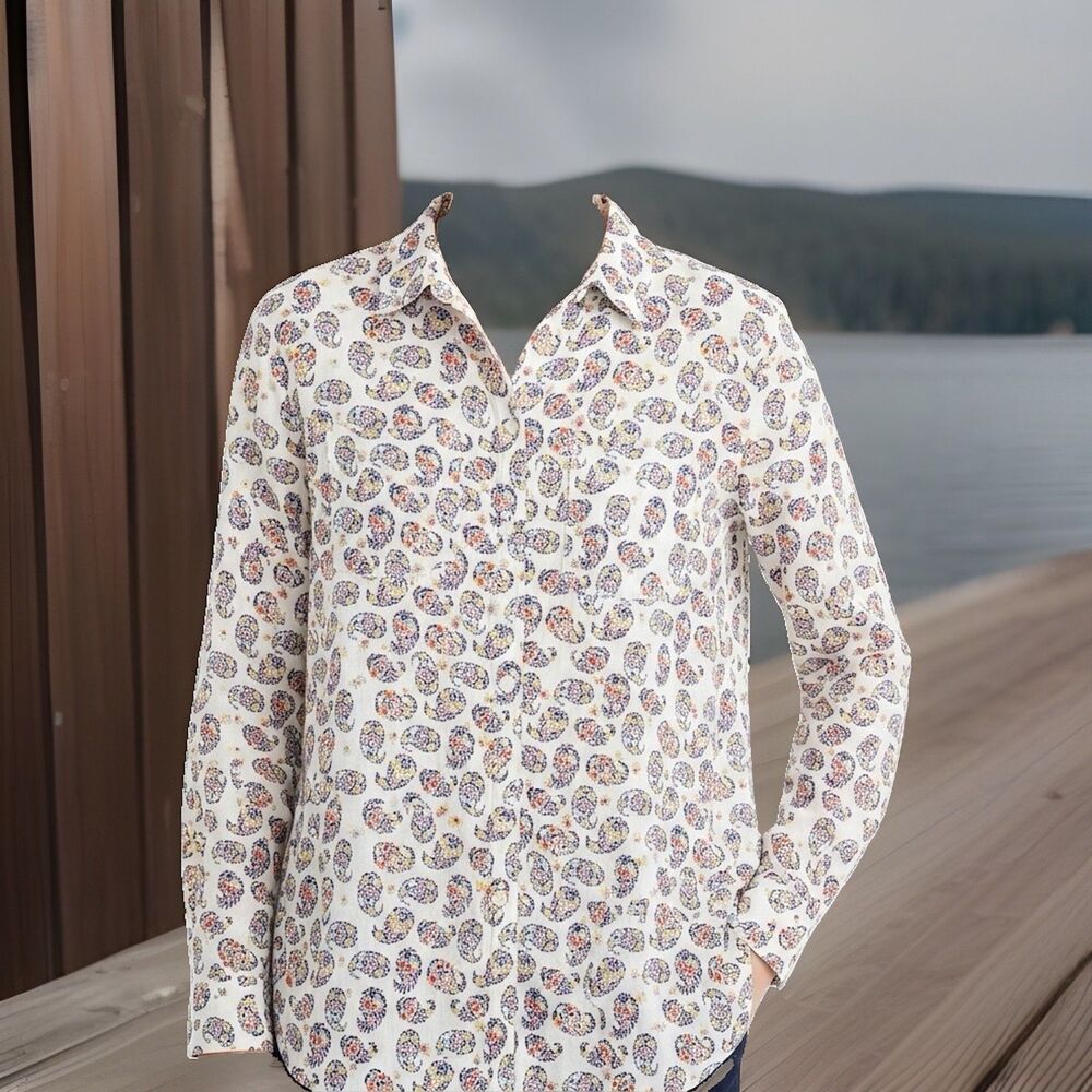 Linen Charter Club Luxury Shirt Womens L Multicolor Button Up Blouse Collar Top